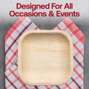 Square 4-inch disposable palm leaf pastry plates, ideal for serving desserts and snacks at parties and events