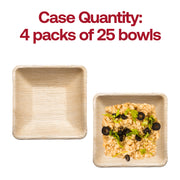 Square palm leaf bowl measuring 5 inches by 5 inches with an 8 oz capacity, great for individual portions