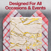 Square white disposable charger plates with a striking gold marble design, ideal for special occasions