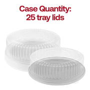 Stackable 14" Clear Round Plastic Tray Lids used to chill multiple prepared platters neatly in the fridge before events