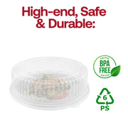 Stackable round serving trays with snap-on lids simplify make-ahead dessert and appetizer prep for banquets, holidays, and big parties