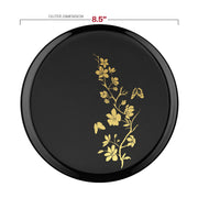 Striking gold floral design on 8.5" black salad plate used for starters, sides, and mini desserts