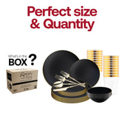 Striking table setup featuring the Black with Gold Organic Disposable Plastic Tableware Set’s rich tones and sculpted elegance