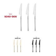 Sturdy 8.8-inch Moderno disposable plastic dinner knives in shiny silver, strong enough for cutting through meats and entrees.