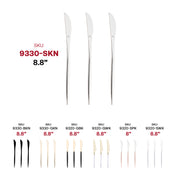 Sturdy 8.8-inch Moderno disposable plastic dinner knives in shiny silver, strong enough for cutting through meats and entrees