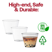 Sturdy 9 oz plastic cups with a silver glitter finish, resistant to cracks, and BPA-free
