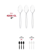 Sturdy and disposable clear plastic spoons, ideal for catering, picnics, and to-go meals