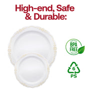 Sturdy white dinner plates featuring a 10-inch round design and a stylish gold vintage rim, disposable and BPA-free