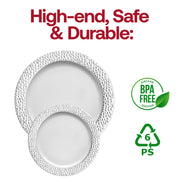 Sturdy white dinner plates with a silver hammered rim, made of disposable plastic, 10.25-inch round design, BPA-free