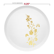 Sturdy white plastic appetizer plate with intricate gold floral detail, shown stacked for serving