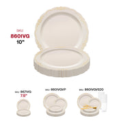 Stylish 10-inch ivory round dinner plates with a luxurious gold vintage rim pattern