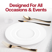 Stylish 10-inch round dinner plates in matte milk white plastic, disposable and sold in a 120-piece set for parties