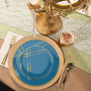 Stylish 10.25-inch blue round dinner plates with a luxurious gold brushstroke pattern, sturdy disposable plastic, 120-pack