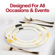 Stylish 10.25-inch disposable dinner plates, white with black and gold abstract square design, perfect for events, 120-pack