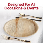 Stylish 9-inch round palm leaf plates, biodegradable and eco-friendly, ideal for buffet setups or casual meals
