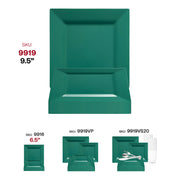 Stylish 9.5-inch hunter green square plastic dinner plates, perfect for main courses at events