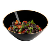 Stylish black dessert bowls featuring a gold rim, 6 oz size, round disposable design