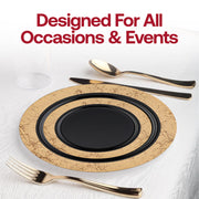 Stylish black disposable salad plates with a gold marble rim pattern, 7.5-inch diameter, pack of 120 for events