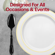Stylish black plastic dinner spoons with refined Baroque engravings, combining durability with style for formal occasions