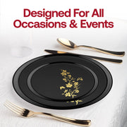 Stylish black plate and tumbler combo arranged with gold plastic fork, knife, and spoon