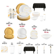Stylish black tablecloths with gold flatware and white with gold napkins create a sophisticated celebration.