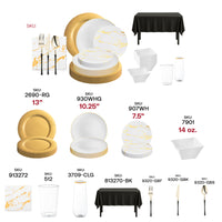 Stylish black tablecloths with gold flatware and white with gold napkins create a sophisticated celebration