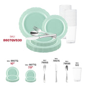 Stylish celebration décor created with the Turquoise Vintage Round Wedding Value Set and polished silver cutlery.