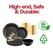 Stylish celebration table arranged with the Black with Gold Vintage Disposable Tableware Set and gold-accented cutlery