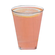 Stylish clear disposable plastic cups with a square base for stability, 7 oz capacity, perfect for parties and events