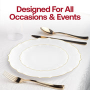 Stylish clear plastic appetizer plates with a lotus-inspired gold rim, 7.5 inches in size, perfect for formal dining, pack of 120