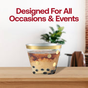 Stylish clear plastic party cups with gold dot accents, 9 oz size, round shape