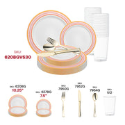 Stylish dining scene featuring the White with Red and Gold Chord Rim Plastic Wedding Value Set, adding a festive touch to your special day.