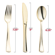 Stylish disposable gold plastic cutlery set, sized between 6.25” - 8”, offering a classic look with the ease of single-use convenience