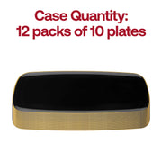 Stylish disposable rectangular plates in black with a gold rim and smooth raised edges, 10.6x5 inches, set of 120