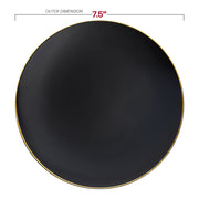 Stylish disposable round black plates with a decorative gold rim, 7.5-inch diameter, perfect for serving salads or appetizers, set of 120