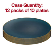 Stylish disposable round navy plates with a decorative gold rim, 7.5-inch diameter, perfect for serving salads or appetizers, set of 120, BPA Free