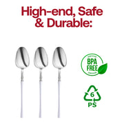 Stylish disposable silver and white plastic cutlery, featuring forks, knives, and spoons, ideal for chic dining experiences.