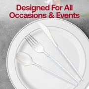 Stylish disposable silver and white plastic cutlery, featuring forks, knives, and spoons, ideal for chic dining experiences