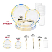 Stylish event décor featuring the White with Blue and Gold Harmony Rim Plastic Wedding Value Set for receptions