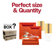 Stylish event display adorned with the Burnt Orange Square Disposable Plastic Tableware Set's radiant dinner and appetizer plates.