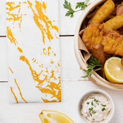Stylish gold marble design on white paper dinner napkins, ideal for weddings, corporate events, and special dinners