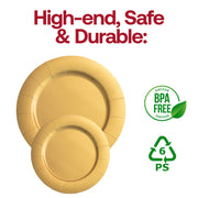 Stylish gold round charger plates made from eco-friendly disposable paper, 13-inch diameter, BPA-free