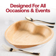 Stylish heart-shaped appetizer plates crafted from natural palm leaf, sold as a 100-pack for parties or weddings