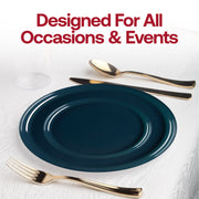 Stylish navy blue round disposable plates, 8.5 inches in diameter, made of sturdy plastic with a flat design, pack of 120