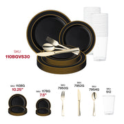 Stylish party décor elevated by the Black with Gold Edge Rim Plastic Wedding Value Set with luxurious gold accents.