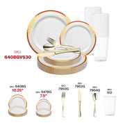 Stylish party décor using the White with Burgundy and Gold Harmony Rim Plastic Wedding Value Set for receptions.