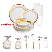 Stylish party décor using the White with Burgundy and Gold Harmony Rim Plastic Wedding Value Set for receptions