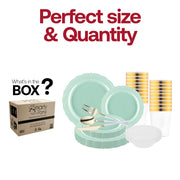 Stylish party setting featuring the Turquoise Vintage Disposable Plastic Tableware Set’s bright palette and golden accents