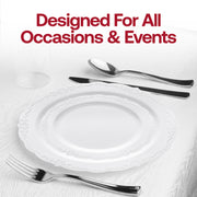 Stylish party setup highlighted by the White Vintage Round Disposable Plastic Wedding Value Set, combining vintage charm with modern convenience