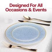 Stylish pearl clear blue dinner plates with a gold hammered rim, 10.25 inches in diameter, disposable, sold in packs of 120
